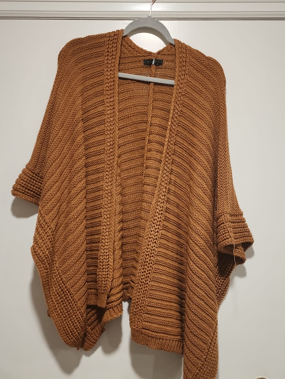 Open-Front Knit Poncho Cardigan - Brown